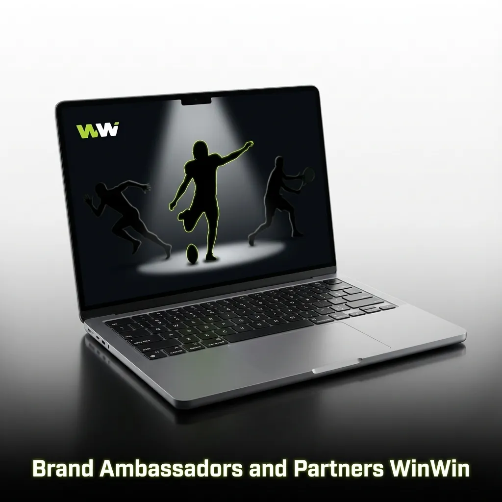 Illustration of WinWin brand ambassadors and partners standing together with logos and collaboration icons