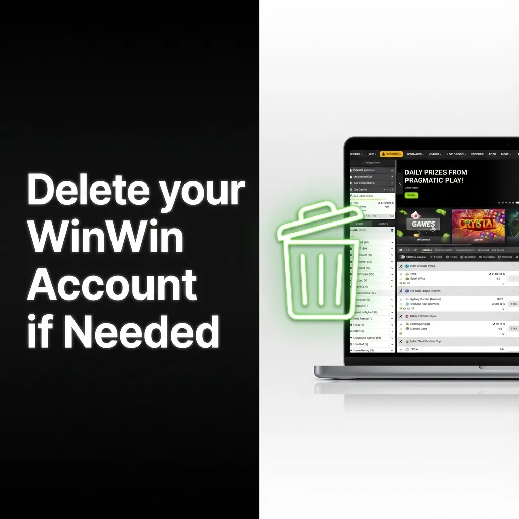 Illustration of a user deleting a WinWin gaming account with four checklist steps and support confirmation messages.