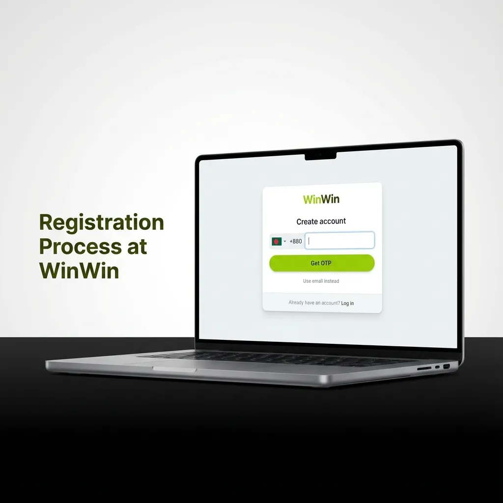 Illustrated 5‑step WinWin registration flow highlighting quick signup, Bangladesh details, verification, limits, and welcome bonus.