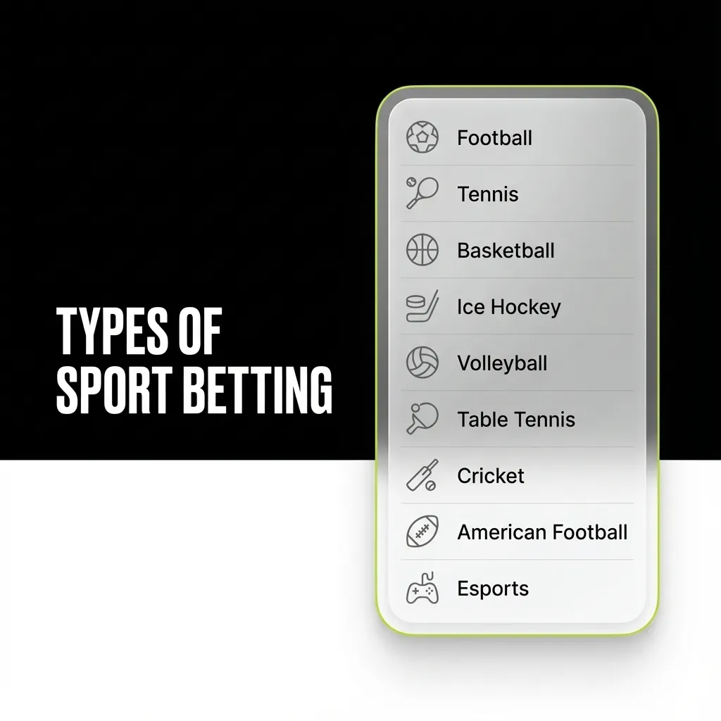 Infographic titled “Types of Sport Betting” showing icons for cricket, football, kabaddi, tennis and other sports markets